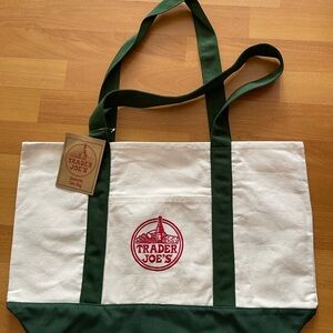 Brand new, large: Green and White Canvas Tote Bag